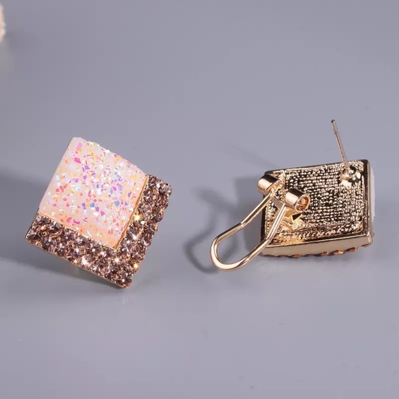 Party Chevron Square Crystal Stud Gold Earrings - Picture 2 of 7